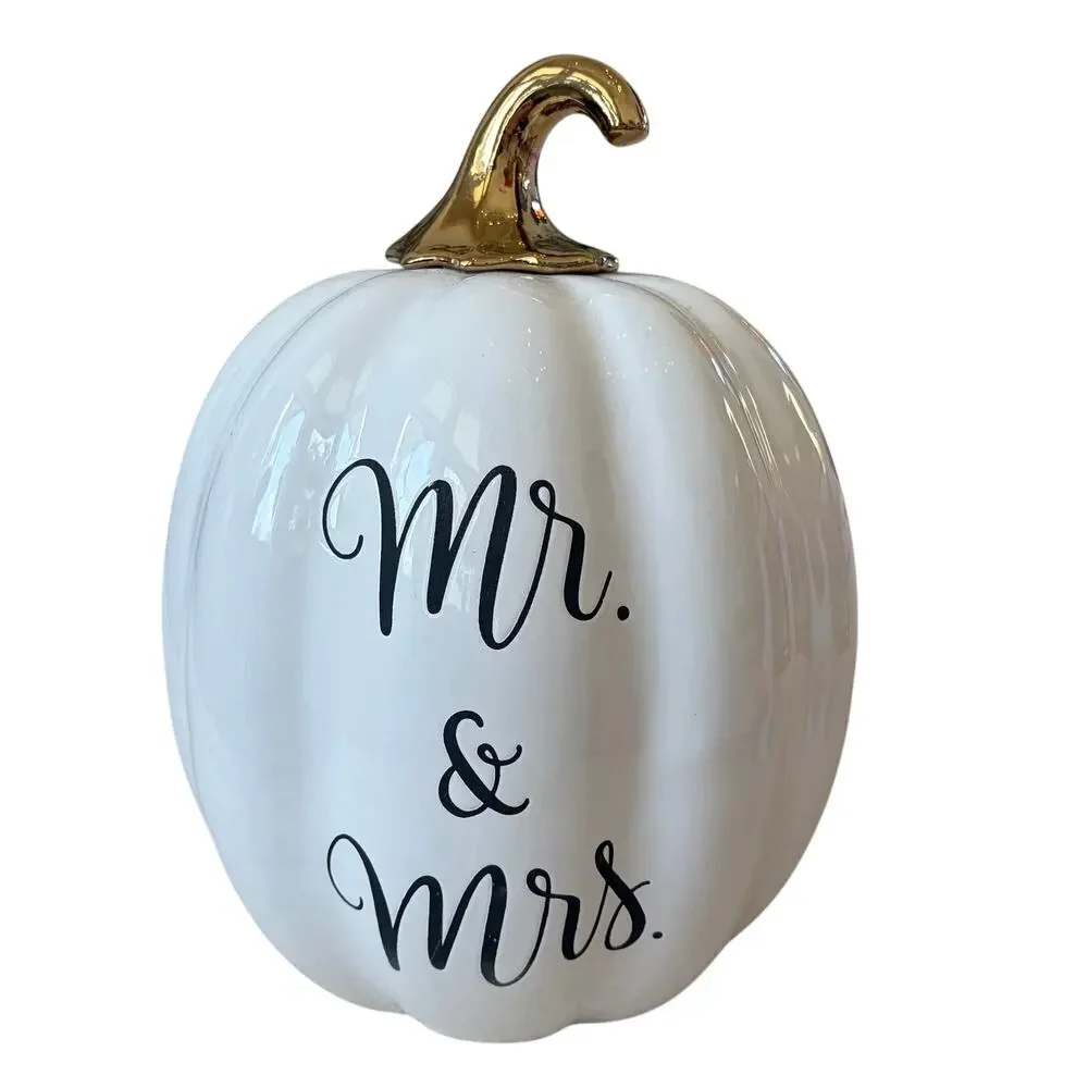 Martha Stewart MR. & MRS. Ceramic Pumpkin White Gold Stem 13in Fall Decor NEW